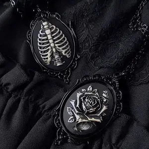 Gothic Black Rose/Bone/Skull Pendant Necklace - Intricately Designed Dark Subculture Jewelry, Edgy Skull & Thorn Motif,  Alternative Fashion, Mysterious Gothic Gift