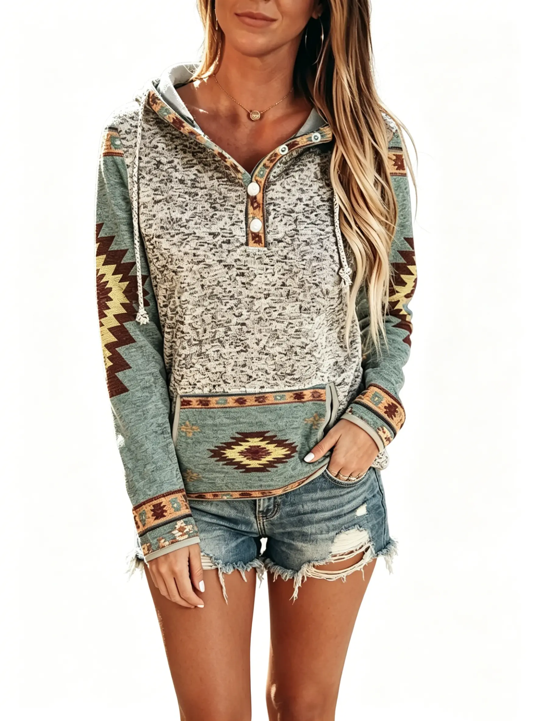 Women's Lightweight Hoodie with Aztec Print, Vintage Western Style Henley Long Sleeve Pullover for Daily Wear, Button Front, Hooded Neck