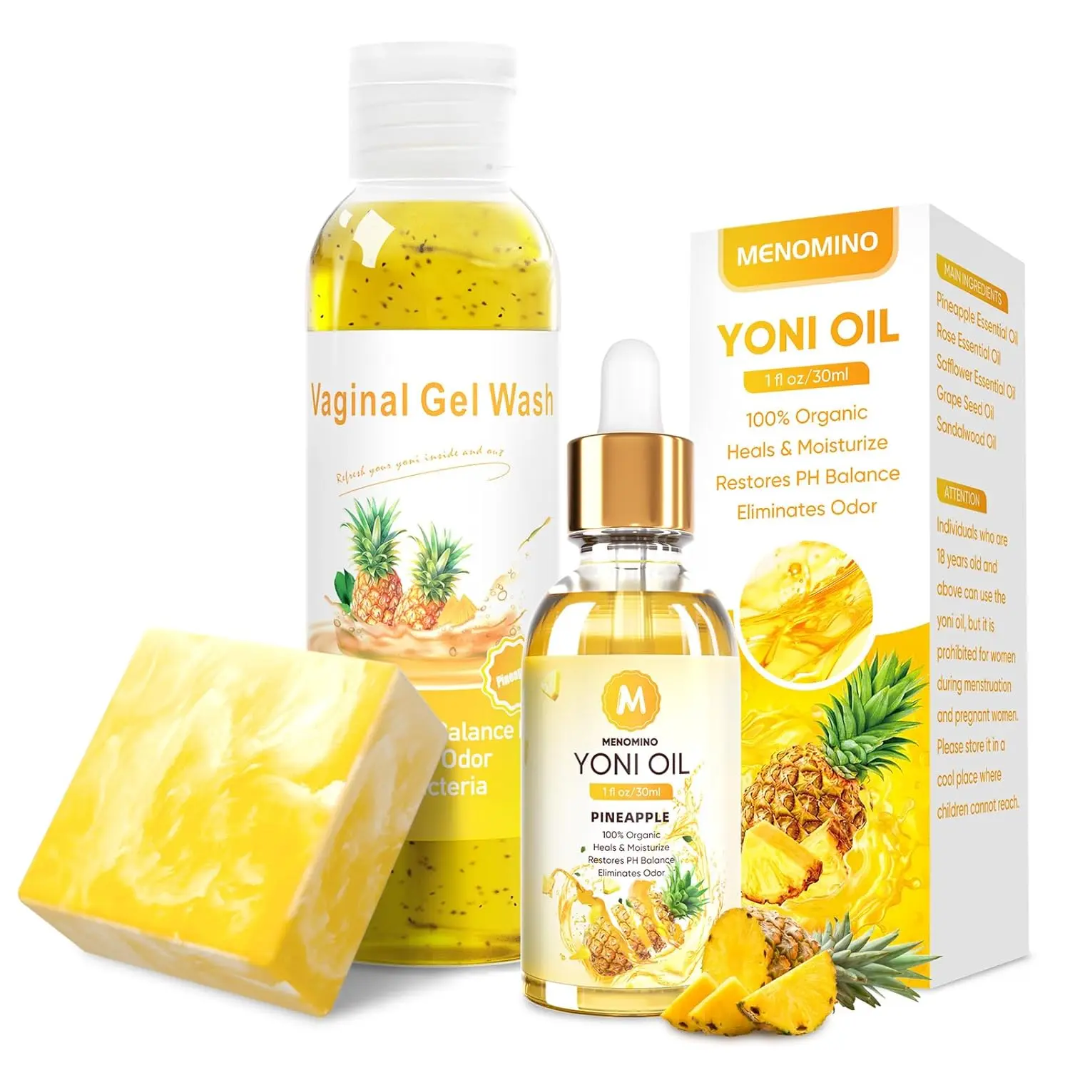 Feminine Wash & Yoni Soap Bar & Yoni Oil for Women pH Balance, Pineapple | Yoni Wash for Moisturizing Remove Odor, 5.07 Fl.Oz Feminine Wash 1 Fl.Oz Feminine Oil & 3.53oz Yoni Bar