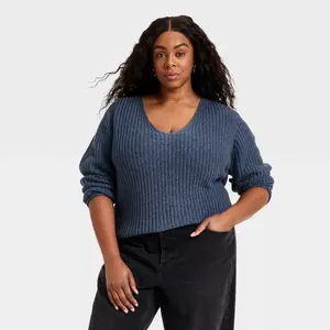 Women's Wide V-Neck Pullover Sweater - Universal Thread Indigo 2X