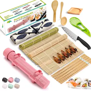 22-Piece Sushi Making Kit for Beginners – DIY Sushi Roller Set with Mat, Bazooka, Knife & Chopsticks (Pink)
