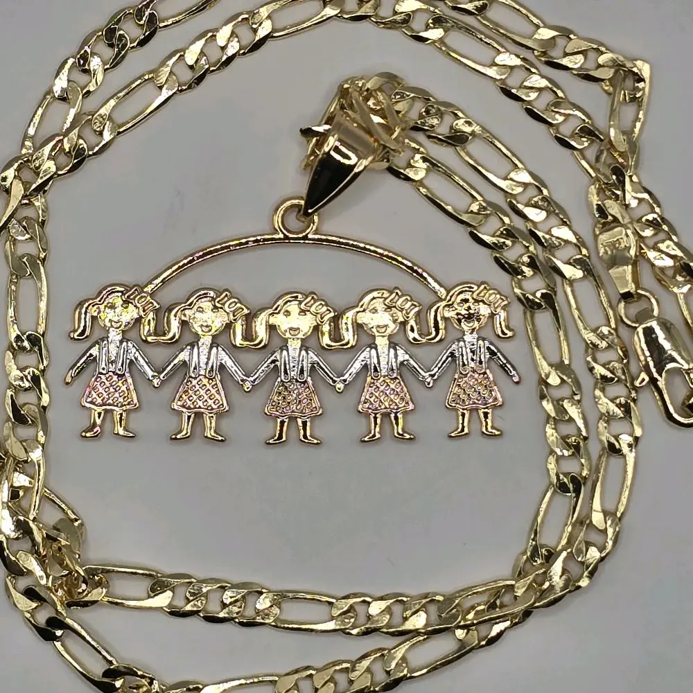 Five Charm Girls Gold Plated Tricolor Necklace 22 Inch Figaro Chain Delightful Accessory for Everyday Wear or Special Occasions 4mm Wide Chain 2.5 Inch Pendant Size