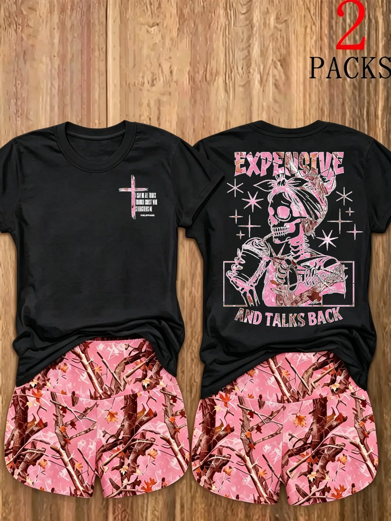 Tiktok Women's Sweet Cool Western Style Vibe Two-Piece Set, Summer T-Shirt with Dual Prints, Camo High-Waisted Shorts, Breathable Fabric
