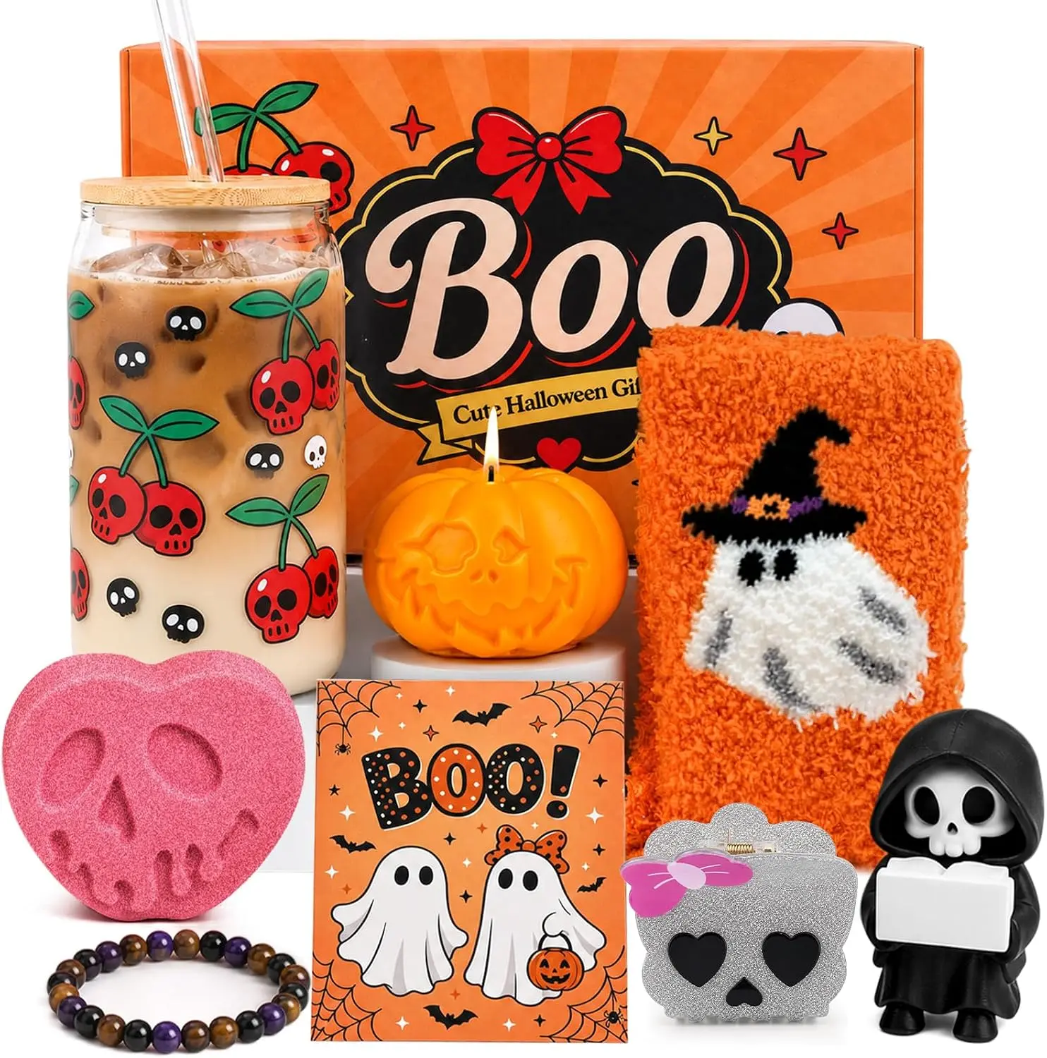 Halloween Gifts, 8Pcs Boo Basket Stuffers for Adults, Spooky Pumpkin Basket | 18OZ Tumbler Glass Cups with Lids and Straws, Cute Halloween Cherry Mug Gifts