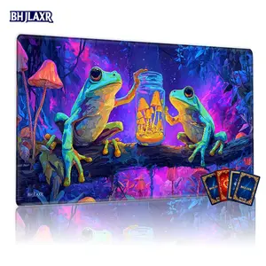 Enchanted Neon Forest Frog & Glowing Mushroom MTG Playmat 12x24inch, Non-Slip TCG Card Game Mat for Family Gatherings, Perfect Gift for Card Game Enthusiasts with Psychedelic Art Design, Gaming Mouse Pad, Desk Accessories