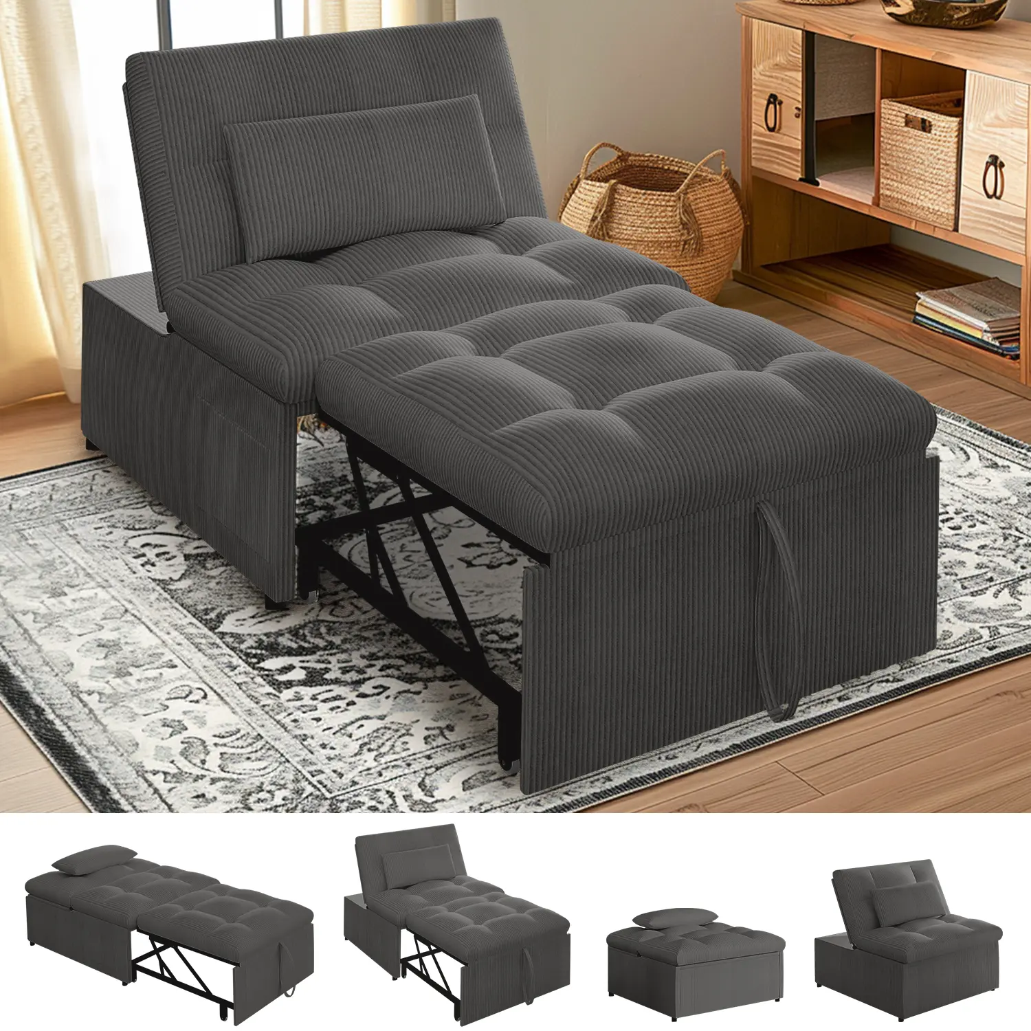 Modern Sleeper Sofa, 4-in-1 Convertible Sleeper Chair Bed with Adjustable Backrest Pillows, Futon with Side Pocket for Small Living Room, Charcoal