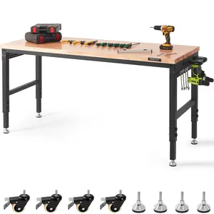 VEVOR Adjustable Workbench with Universal Wheels,  72" L X 25" W Garage Worktable, 28-39.5" Heights & 3000 LBS Load Capacity, with Power Outlets & Hardwood Top & Storage & Foot Pads, for Office Home