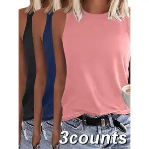 Women's Solid Round Neck Tank Top, Casual Sleeveless Top for Summer, Ladies Clothes for Daily Wear 00