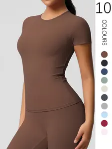 Women's Solid Color Round Neck Sports Tee, Gym Yoga Tops, Sporty Breathable Sweat-absorbing T-shirt for Yoga Gym Workout, Ladies Sportswear for All Seasons