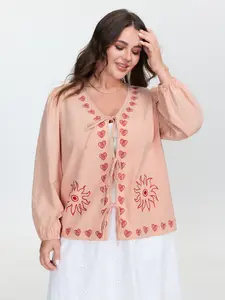 【Summer Turn-Up】【Neck-Lengthening】BlOOMCHIC Plus Size Floral Embroidered Double-Tie Blouse [1x-6x] 2026 Summer Pick for Mother's Day