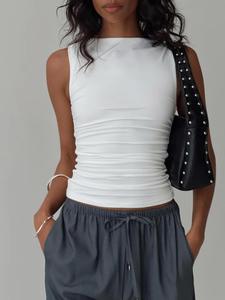 women's plain ruched tank top, casual sleeveless top for daily wear, curvy ladies clothes for all seasons, boat neck top, vest, casual fitted sleeveless crop tops, casual solid shirt
