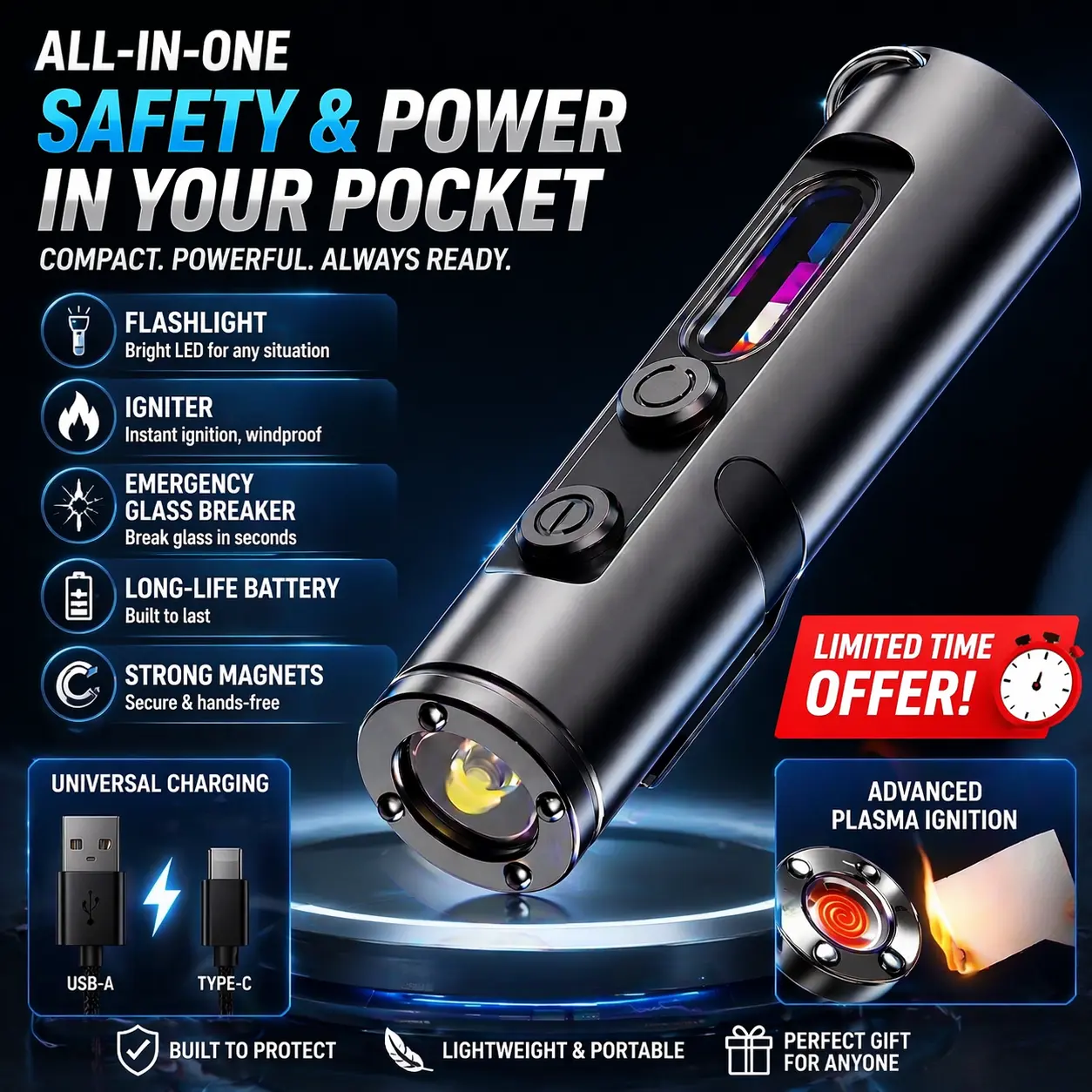 Pocket-sized rechargeable EDC multi-functional flashlight: 500 lumens mini keychain flashlight with window breaker and three-color side lights, perfect for camping and everyday carry.