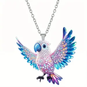 Colorful Cute Parrot Acrylic Pendant Necklace, Animal Necklace Full of Hope, Sparkling Rhinestone Bird Necklace for Women Girls, Unique Fashion Jewelry Gift