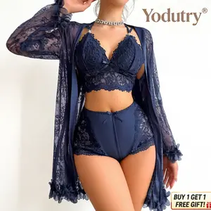 Women’s Lace Lingerie Set – 3 Piece Sheer Mesh Sleepwear Spaghetti Strap Nightdress with Robe Lightweight Breathable Summer Pajama Set Lingerie Set / Lace Sleepwear / 3 Piece Pajama / Sheer Nightdress