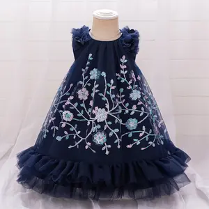 3-7Y Dark Blue 5590 Kids Clothes Flower Girls Frock Embroidery Mesh Ball Gown Pageant Children Elegant Princess Prom Host Formal Evening Party Banquet Cocktail Dress
