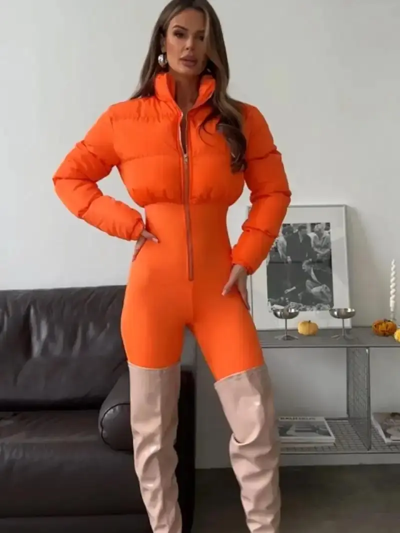 Casual Solid Color Zip Up Puffer Jacket Fitted Spandex Leggings Jumpsuit Spandex Womenswear Comfort Fabric