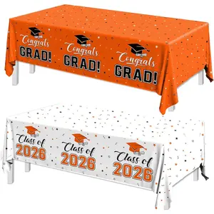 2026 Graduation Decorations,Congrats Grad Tablecloth 2pcs White Orange Class of 2026 Table Covers Rectangle for Graduation Party Supplies,108x54inch