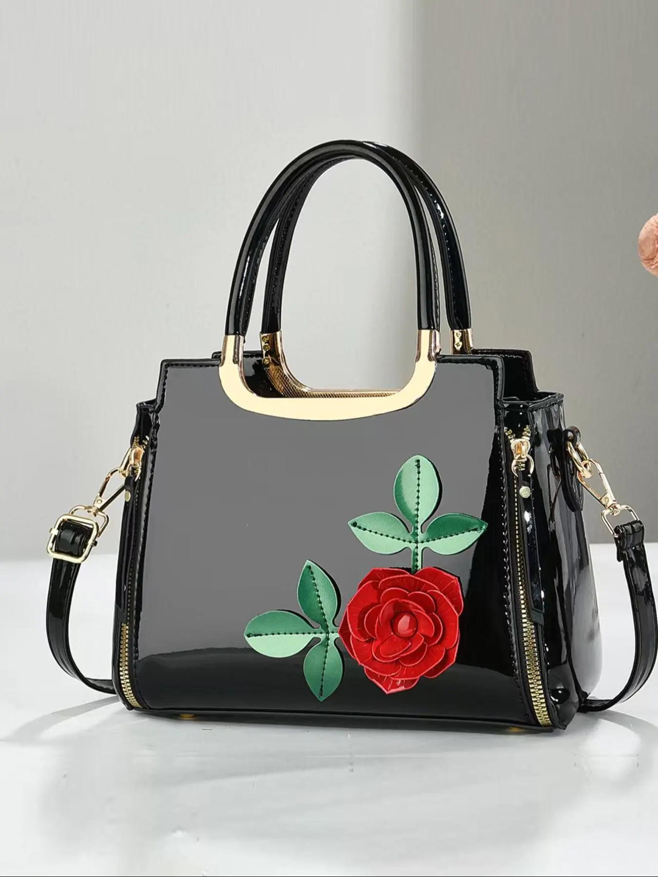 Women's Elegant Rose Embroidered Handbag, Fashionable Large Capacity Shoulder Bag for Daily Used, Casual Trendy Versatile High-quality Daily Commuting Bag, Floral Embossed Handbag