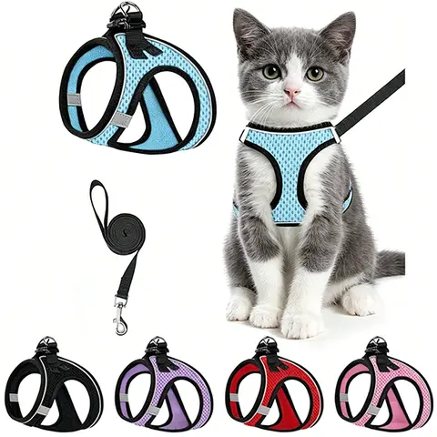 Nylon Kitten Harness and Leash Set - Durable Reflective Chew-Resistant Adjustable Easy-Wear Detachable Vest Combo for Cats & Small-Medium-Large Dogs, Non-Customized Leads & Harnesses Pet Accessory