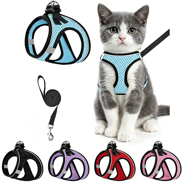 Nylon Kitten Harness and Leash Set - Durable Reflective Chew-Resistant Adjustable Easy-Wear Detachable Vest Combo for Cats & Small-Medium-Large Dogs, Non-Customized Leads & Harnesses Pet Accessory