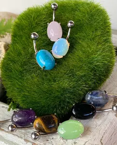 Oval Semi Precious Stone Belly Ring Pierced Navel Naval Jewelry Prong Set 14g
