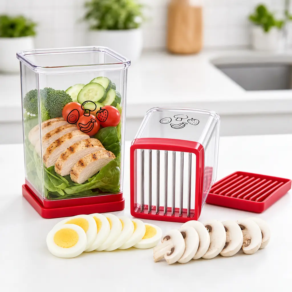 Portable Transparent Blade-Equipped Fruit Slicer Utensils - Detachable 1-Press Tool for Strawberry, Banana & Kiwi Slices, Quick Maker for Fruit Platters, No Knife Skills Needed sohochic