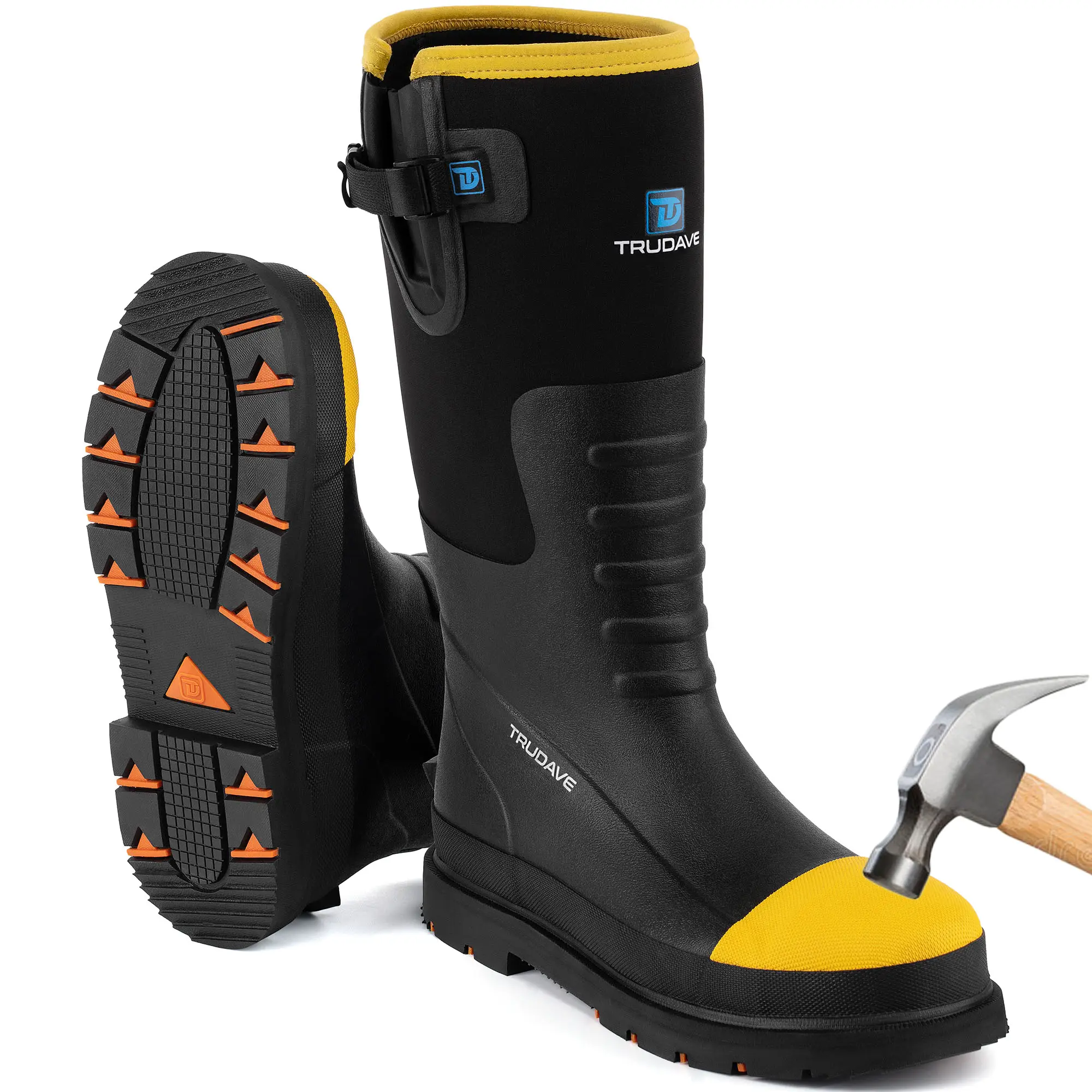 【With steel toe】TruDave Work Boots for Men with Steel Toe & Shank, Waterproof Anti Slip Rain Boots, 6mm Neoprene Outdoor Hunting Boot, Comfortable Wal