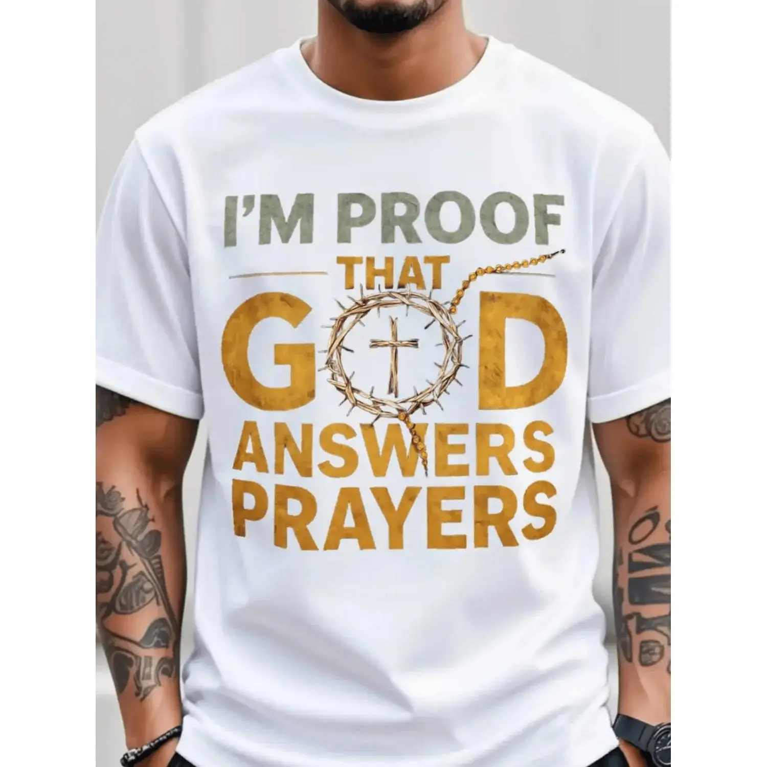 Women's Casual Round Neck Short-Sleeve Religious Top, Christian Cotton Ultra-Soft Breathable T-Shirt with Golden Crown Cross Lettering, "I Am the Proof of God's Response to Prayer", Machine-Washable, White/Black, Streetwear, Ideal for Church Easter, Short