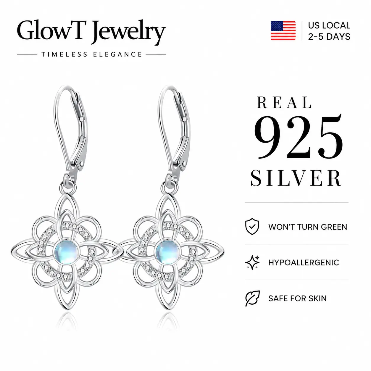 S925 Sterling Silver Celtic Knot Moonstone Drop Earrings - Vintage Filigree Flower of Life Dangle Hoops with Round Moonstone, Nickel-Free Tarnish-Resistant Silver Earrings, Comfort Fit for Women, Ideal for Wiccan & Occult Wear