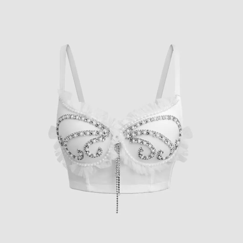 Women's Sexy Rhinestone Beaded Corset Top, Sleeveless Shiny Fishbone Bustier with Lace Trim for Party