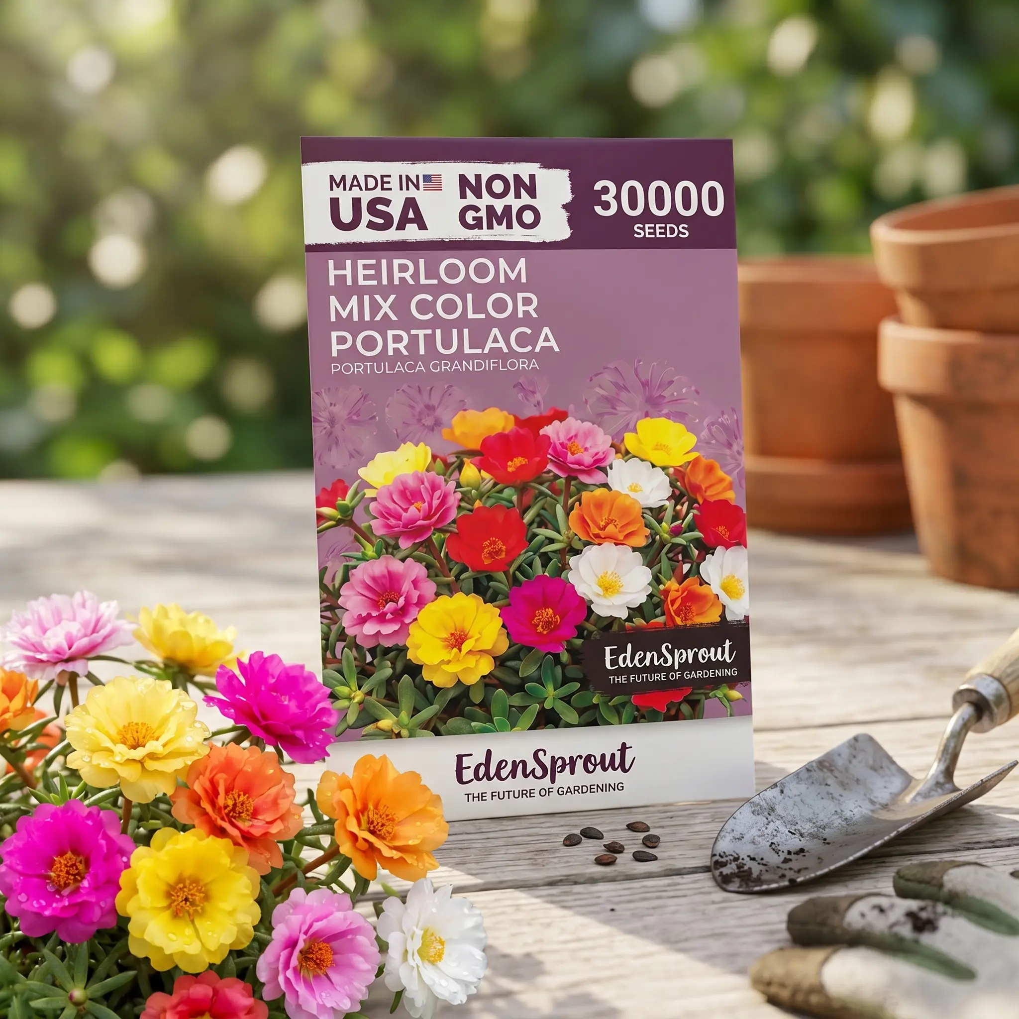 EdenSprout Portulaca Heirloom Mix Color Moss Rose Flower Seeds - 30000 Non-GMO Seeds for Hanging Baskets, Ground Cover Plants, Borders, Full Sun, Made in USA, Garden Supplies Bag, 30,000 Seeds, Mixed Bloom