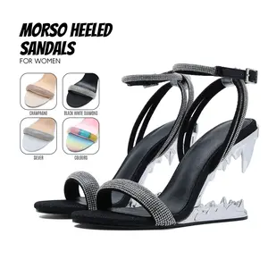 Womens Morso Heeled Sandals Open Toe Metallic Shark Teeth Heel Crystal Strappy Easy Slip on Slides Elegant Work Casual Date Party Wedding Gifts for Her Deals For You Days