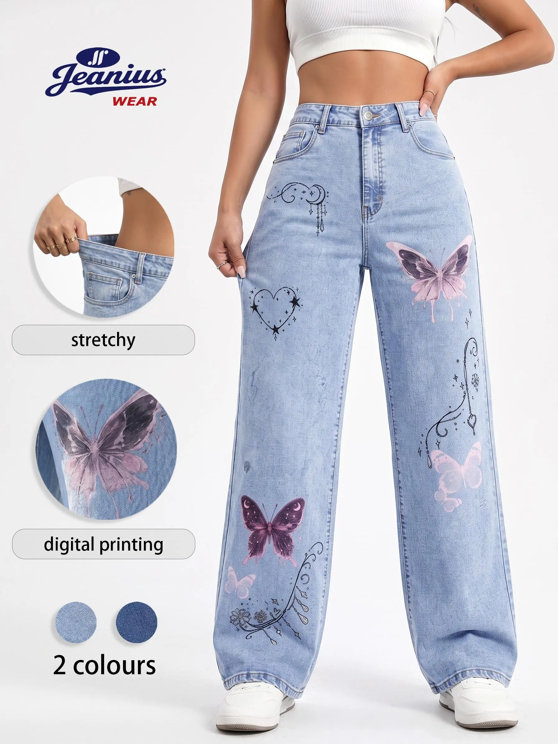 Jr Jeanius Wear Women's High Waist High Stretch Vintage Blue Denim Bottoms, Button Fly Y2K Closure, Light Wash Denim Wide Leg Jeans, Slim Fit Straight Wide Leg, Push Up Figure Pearl Cotton, Summer Streetwear Casual Outfits Butterfly Digital Print