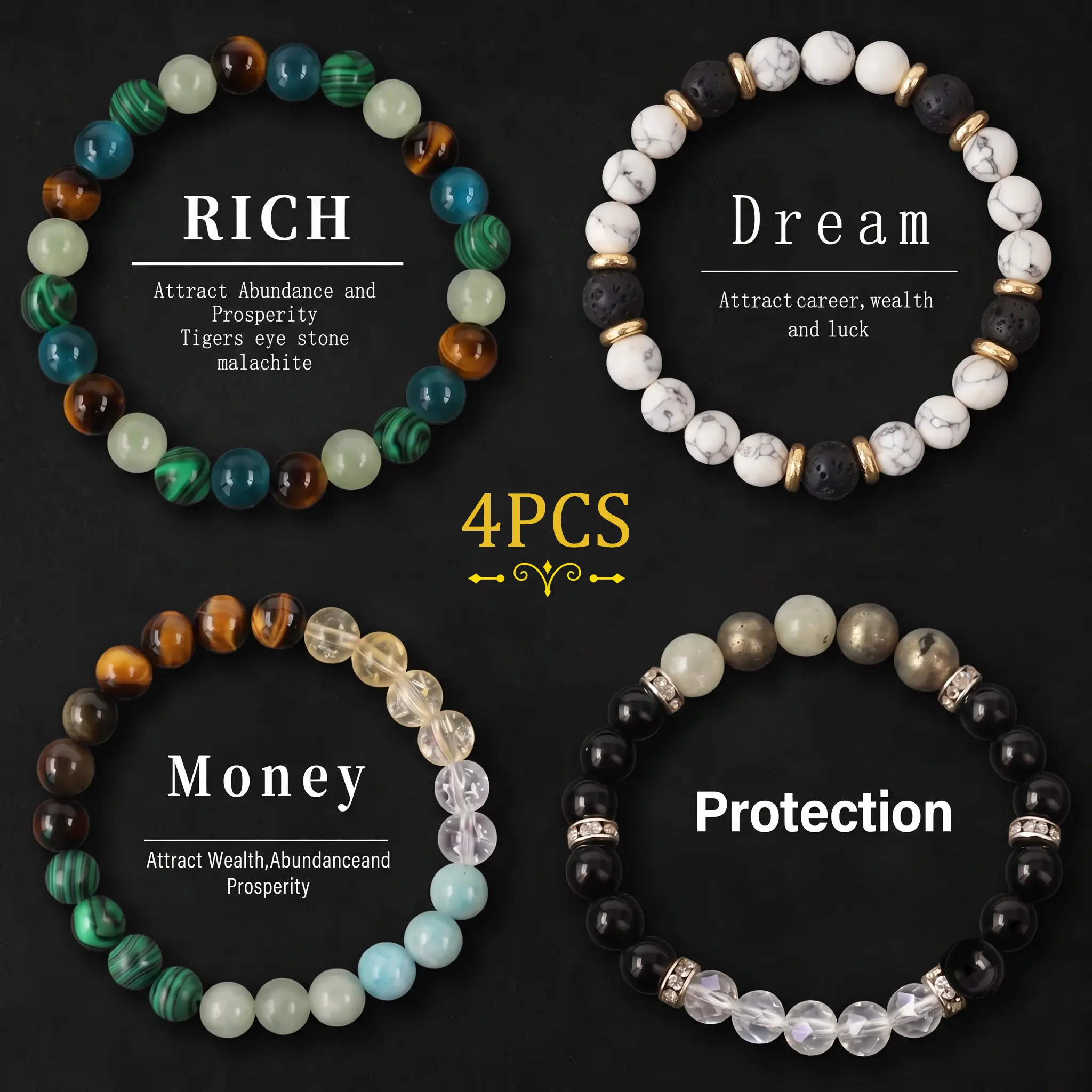 4 Pcs Exquisite Bohemian Beaded Bracelet for Women and Men - Natural Citrine, Malachite Money Magnet Jewelry for Banquet Party, and Encouragement Gift for Her couple bracelet artificial bracelet Christmas Birthday Jewelry Gifts backtoschool