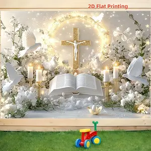 2D Flat 1pc Holy Jesus Cross Religious Backdrop Banner, Dove Bible Candle White Flower Photography Background, Ideal for Baptism, First Communion, Easter, Christian Wedding Decor, Wedding Arched Backdrop, Multiple Sizes Available