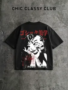 Dark Aesthetic Japanese Spider Web T-Shirt for Men, American High Street Oversize Loose Fit Short Sleeve, Trendy Gothic Style Top