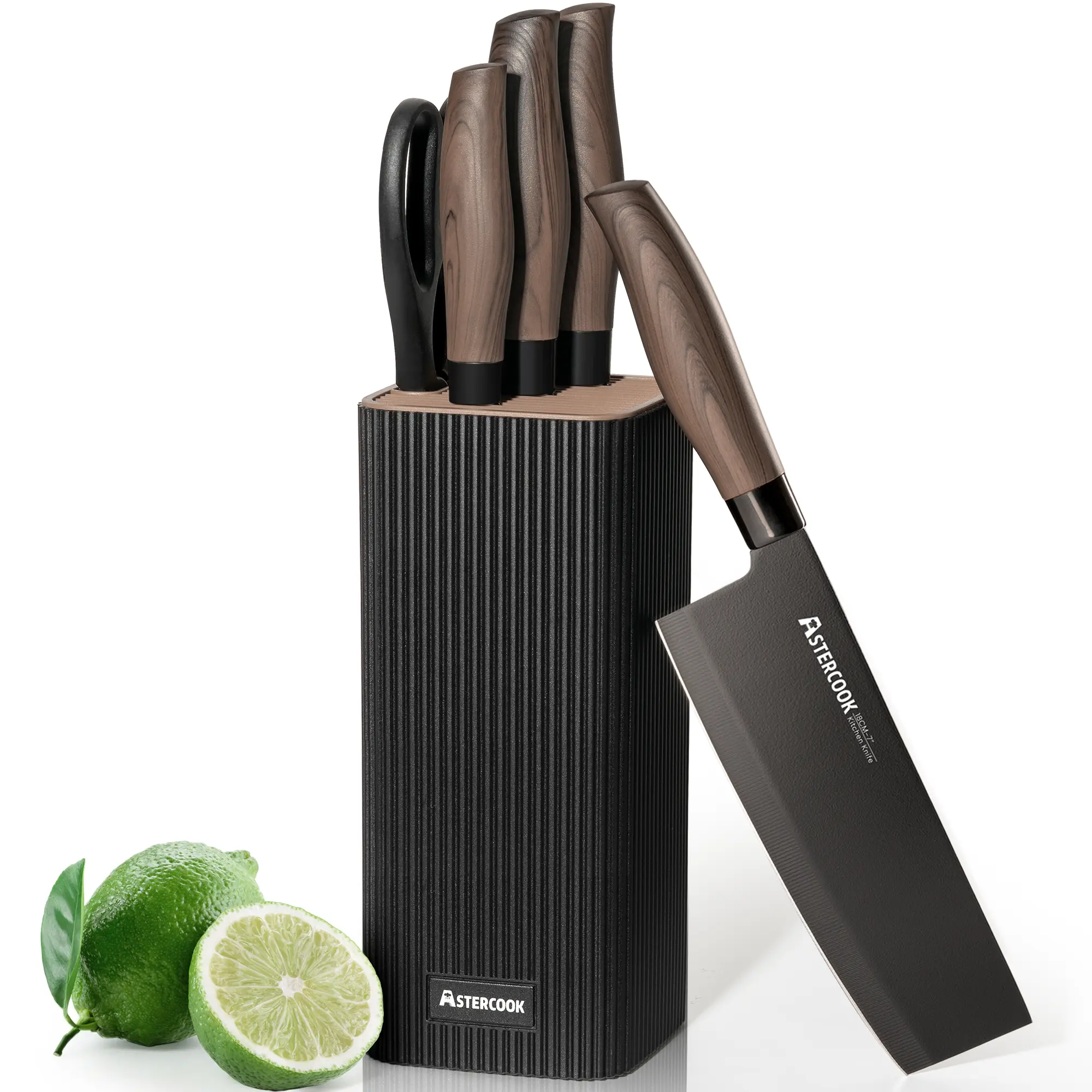 Astercook 6-Piece Multi-Knife Kitchenware Set, Rustproof Stainless Steel Cut Tools with Knife Block, Anti-Slip Handle, Dishwasher Safe Scissor for Home Convenience