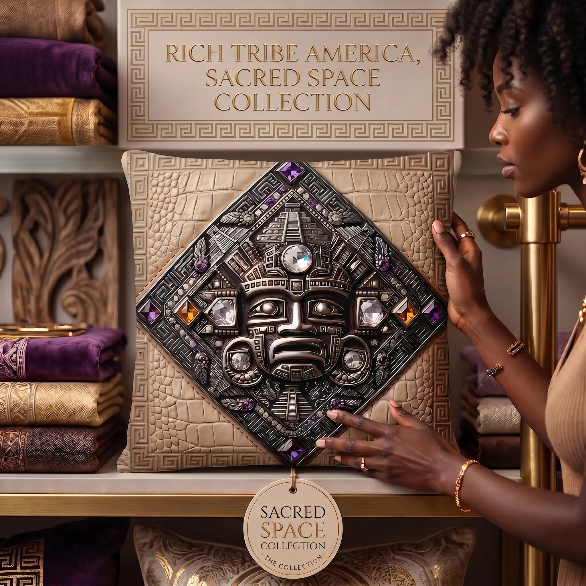 Cream Leather Ancient Bling Mayan Sacred Space Warrior Design Premium Throw Pillow- All-over-print, Indoor/Outdoor Pillow, Patio Pillow, Porch Pillow, Chill Space Upgrade, Indigenous Luxury, Peace Protector Energy