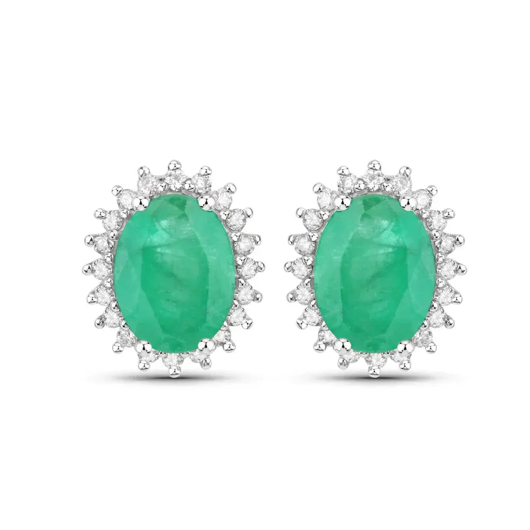 2.40 Ct Oval Green Zambian Emerald & Diamond Prong 10K Gold Halo Stud Earrings