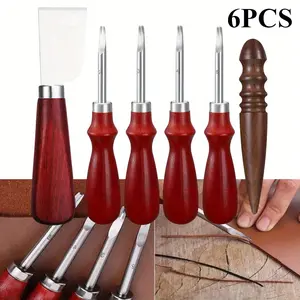 6  Sets of Leather Craft Tool,Including 4 Leather Edge Slope,Leather Cutting,Scraping Knives,Sandalwood Edge Leather Polishing Tools for DIY Leather Crafts