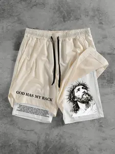 Trendy Dual-Layer Letter Print Shorts Jesus Print + God Has My Back Religious Quote Streetwear Sportswear Unisex, Drawstring Waist, Fitted Design