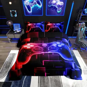 Kids Gamer Comforter Set,Gaming Bedding Video Games Gamepad Bedding Comforter Sets,Neon Glowing Square Geometric Grid Red Blue Duvet Insert