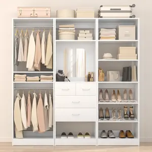 Cyclysio 75''W Wardrobe Organizer Walk-in Closet System, Modern Wardrobe with Hanging Rods, Wooden Drawers, Mirror, Shelves and Shoe Rack