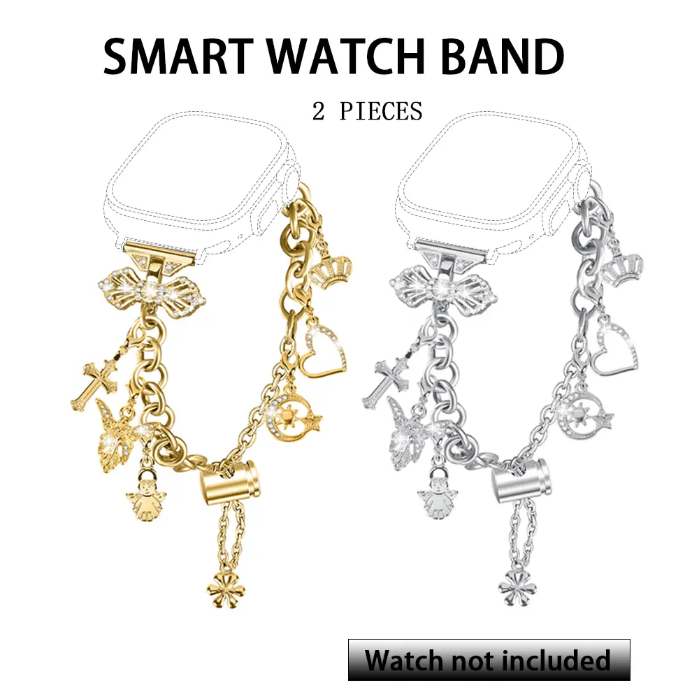 2 Pieces Stylish Wristband Compatible with Apple Watch Bands 38mm 40mm 41mm 42mm 44mm 45mm 46mm 49mm, Replacement Strap with Unique Pendants for iWatch Series 10 9 8 7 6 5 4 3 2 1 SE Steel Metal Chain Charms for Women Watch Straps Smartwatch Accessories
