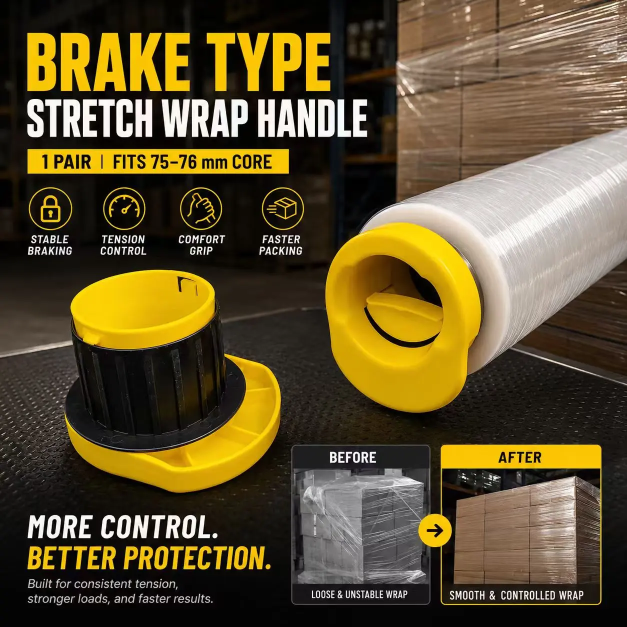 Plastic Stretch Wrap Dispenser Brake Handle, 3-Inch Core Stretch Film Holder, Adjustable Tension Packing Tool for Moving, Warehouse Pallet Wrapping
