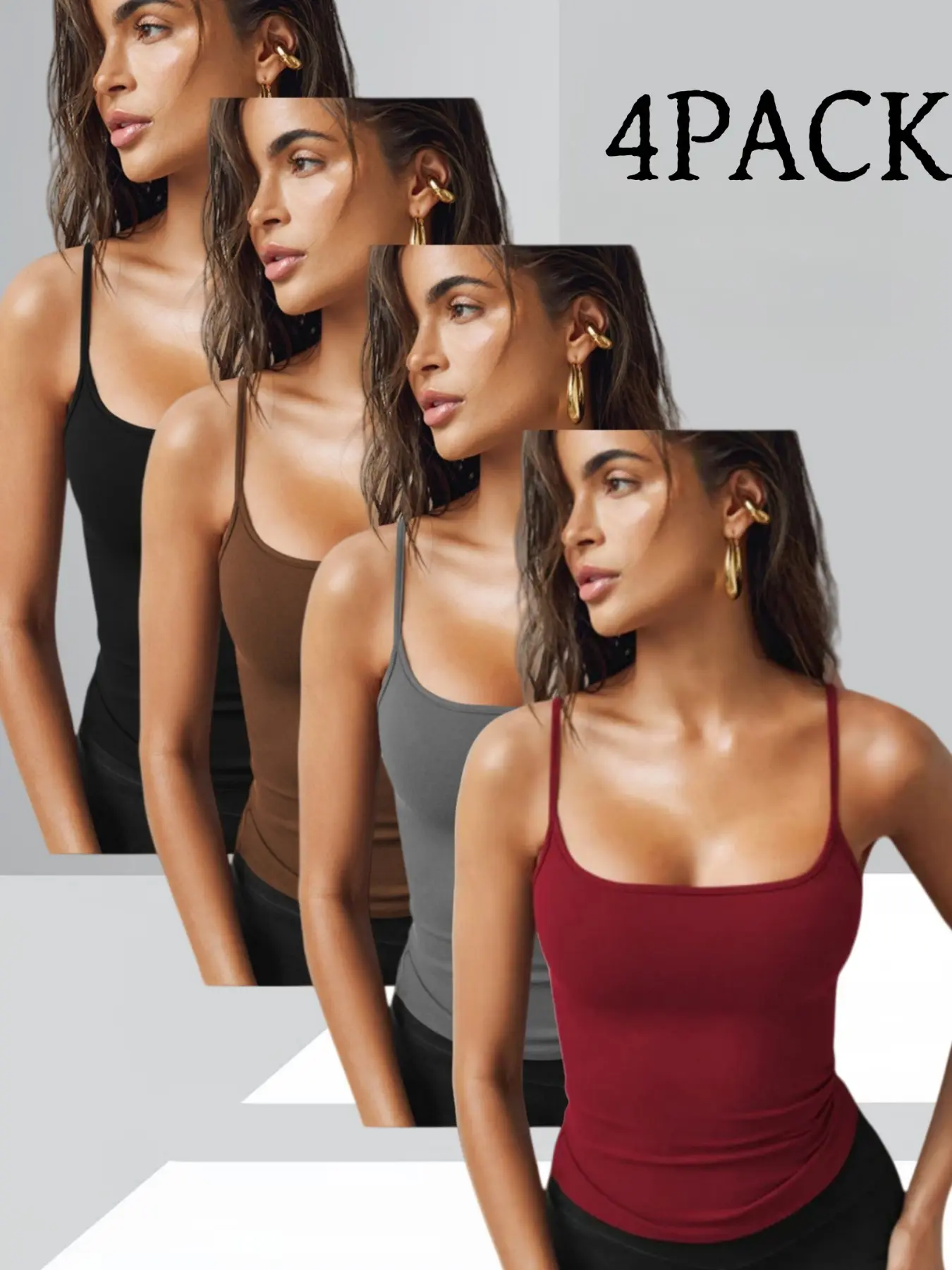 Sexy Basic Chic Strapless Women Tank Top, Stretchy Fitted U-Neck Design, Multiple Colors Available, Everyday Wear Four-Piece Set, Stretchable