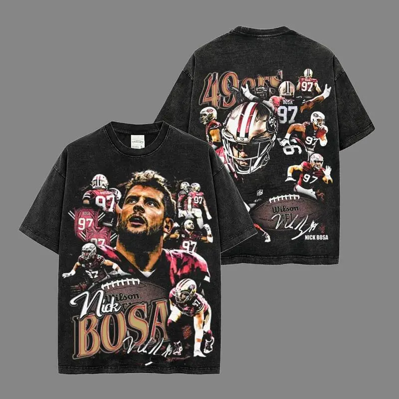 Game Day Outfit NICK BOSA 97 Acid Washed Lightweight 100_ Cotton T-Shirt, Smaller Bear Shirt, The 49ers Shirt, Sunday Football Shirt, Game Day Shirt