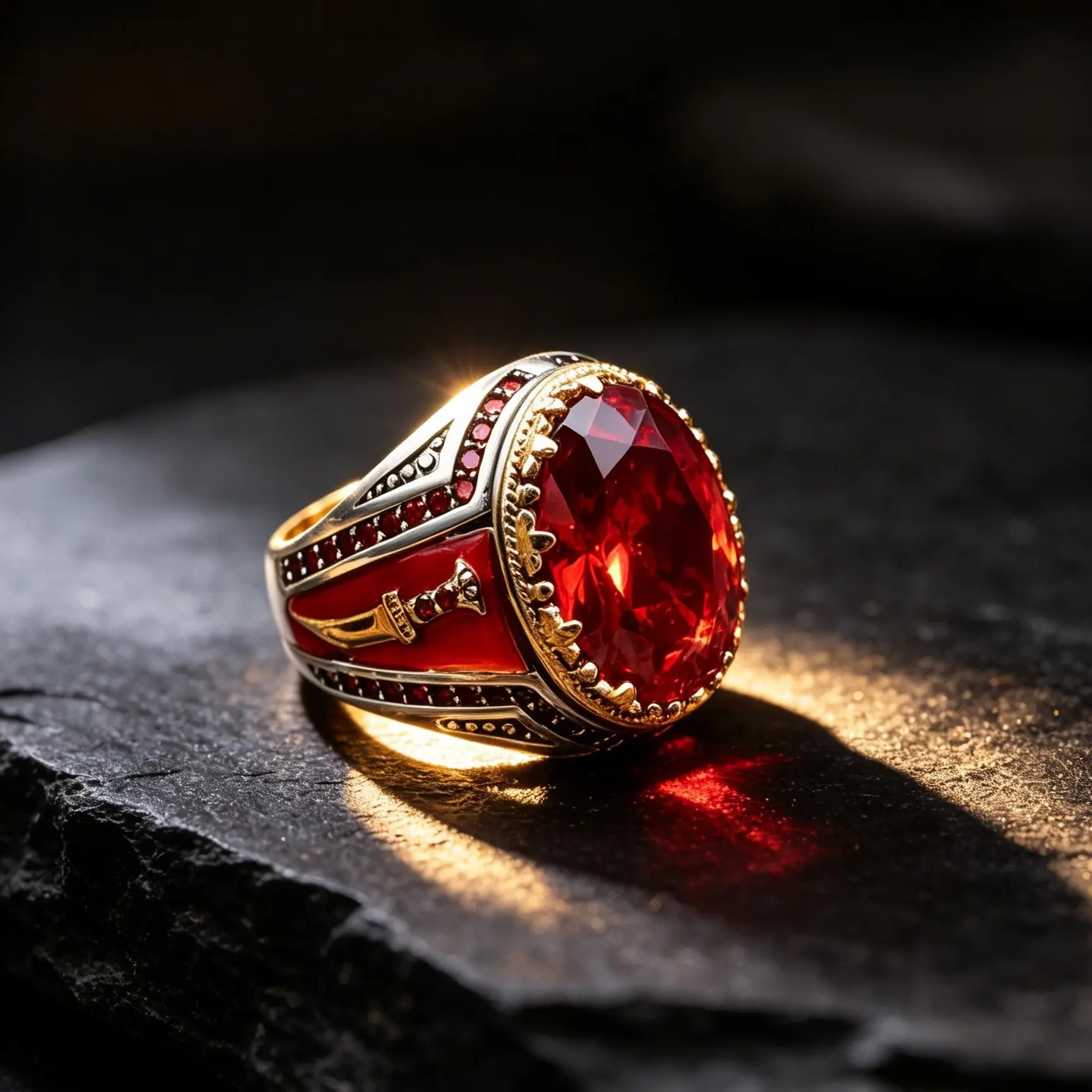 Men's Retro Royal Crown Ring with an Oval Red Zircon Stone, Hip-Hop Sword Seal Statement Jewelry, Rings