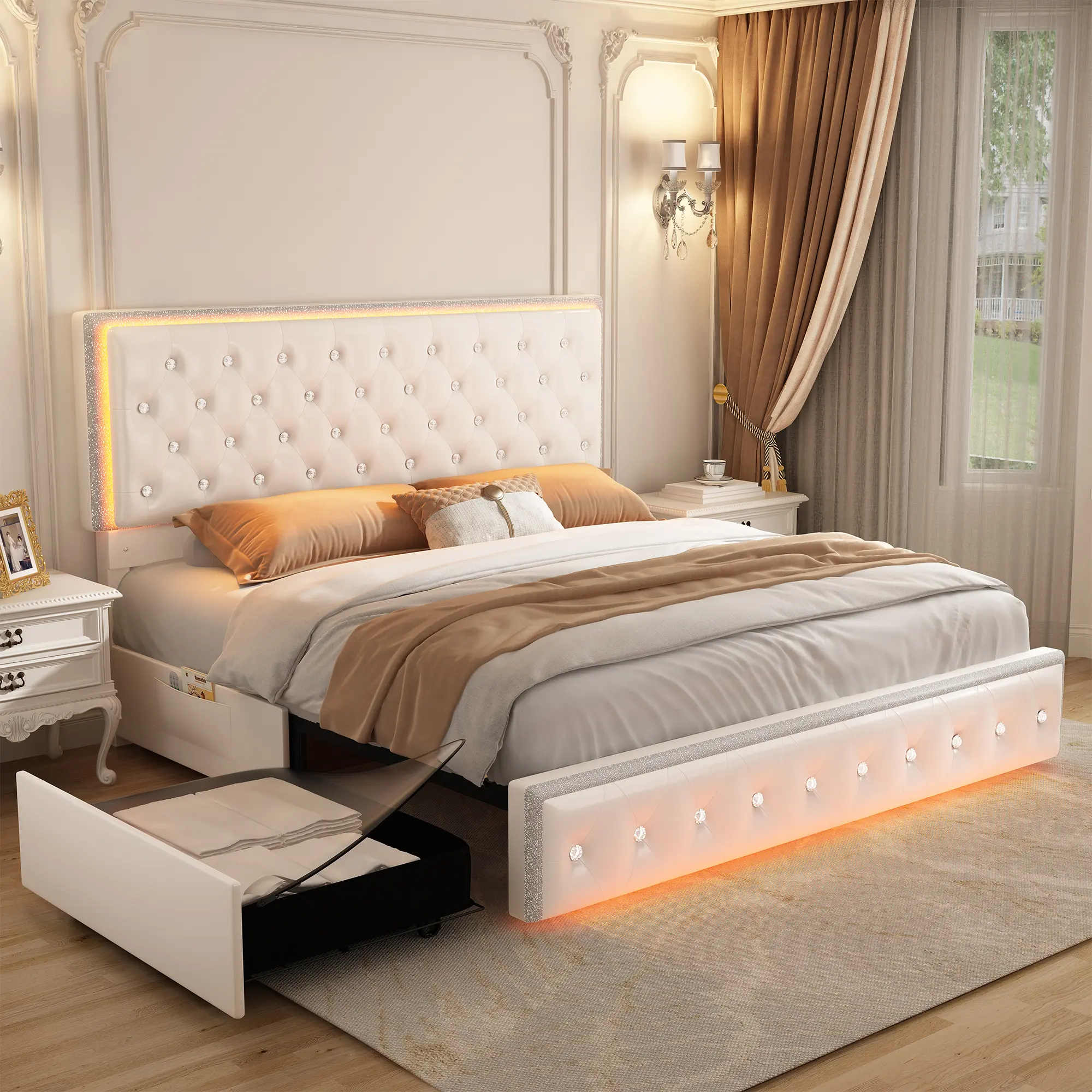 [Summerwins] SIBEDS Queen LED Bed Frame with Storage Headboard & Drawers, Luxury Velvet Tufted Upholstered Platform Bed with Adjustable Headboard, Noise-Free, No Box Spring Needed, Modern Bedroom Furniture, Flash Sale Home items, Full/Queen/King