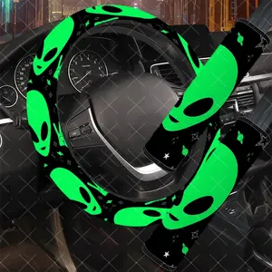 3Pcs/Set Green Alien & Space Car Interior Set, Neon Style, Includes Steering Wheel Cover, Car Seat Belt Cover, No Inner Ring, Vehicle Interior Upgrade, Durable Material, Multi-Part Set, For Women, Car Enthusiasts, Gift For Drivers.11.27QWA-363@364